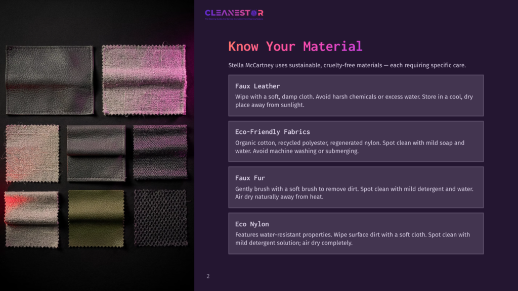 A Page From A Book Titled &Quot;Know Your Material&Quot; Displays Swatches Of Various Eco-Friendly Fabrics, Including Faux Leather, Eco-Friendly Fabrics, Faux Fur, And Eco Nylon, Each With Specific Care Instructions.