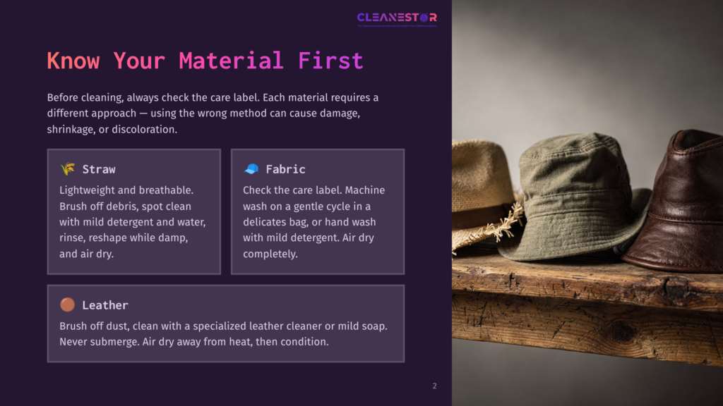 Three Hats Sit On A Rustic Wooden Shelf: A Straw Fedora, A Green Canvas Bucket Hat, And A Brown Leather Fedora. The Image Is Part Of A Guide Titled &Quot;Clean Your Material First,&Quot; With Text Overlays Detailing Cleaning Instructions For Straw, Fabric, And Leather.