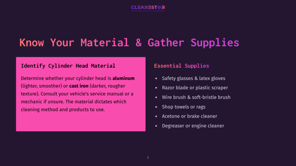 A Slide Titled &Quot;Know Your Material &Amp; Gather Supplies&Quot; With Two Sections: &Quot;Identify Cylinder Head Material&Quot; And &Quot;Essential Supplies.&Quot; The Left Side Lists Aluminum And Cast Iron Cylinder Head Materials And Cleaning Considerations, While The Right Lists Safety Glasses, Razor Blade, Wire Brush, Shop Towels, Acetone, And Degreaser.