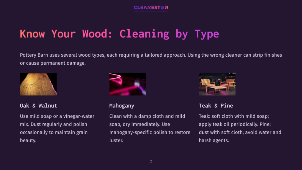 Three Examples Of Wood Furniture Care: Oak &Amp; Walnut Wood Grain Close-Up, A Mahogany Surface With A Purple Glow, And A Pair Of Wooden Chairs And A Coffee Table Made Of Teak &Amp; Pine.
