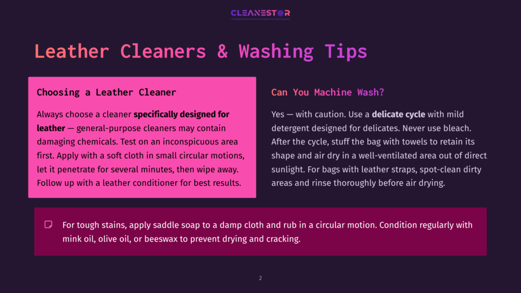 Graphic Overlay With &Quot;Cleanestor&Quot; Logo At The Top, And Text &Quot;Leather Cleaners &Amp; Washing Tips&Quot; In Large Purple Font. Below, Two Sections: &Quot;Choosing A Leather Cleaner&Quot; In Pink And &Quot;Can You Machine Wash?&Quot; In A Dark Background With White Text. A Bottom Section In A Dark Magenta Box Details &Quot;For Tough Stains...