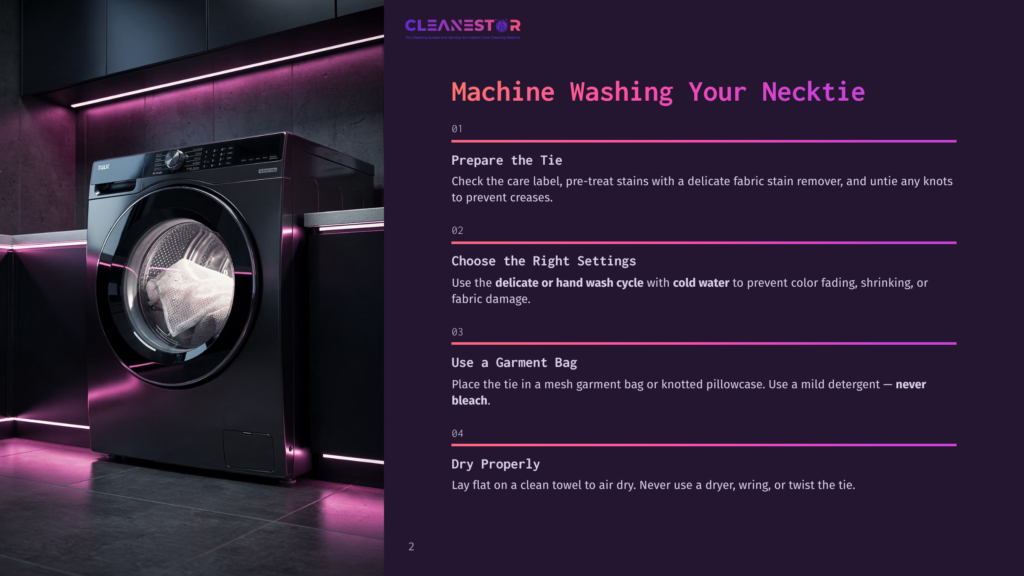 A Modern Black Washing Machine With A Glowing Pink Interior Light, Set Against A Dark, Sleek Kitchen Background With Purple Led Lighting. The Machine Has The Brand Name &Quot;Cleanestor&Quot; And &Quot;Machine Washing Your Necktie&Quot; Text Overlay.