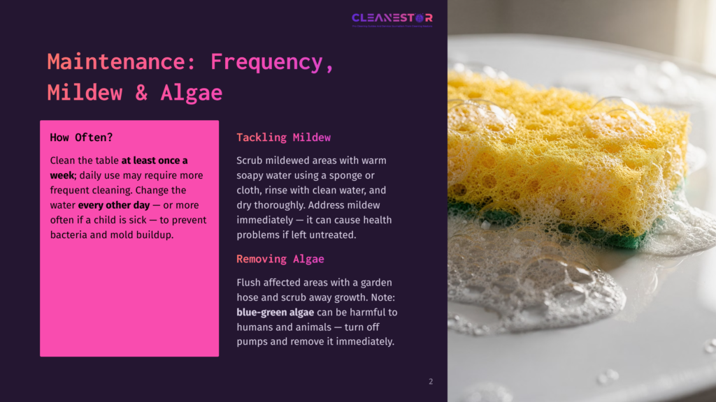 A Sponge With Yellow And Green Mold Being Scrubbed On A White Plate, With A Pink Text Box In The Background Giving Cleaning Advice.