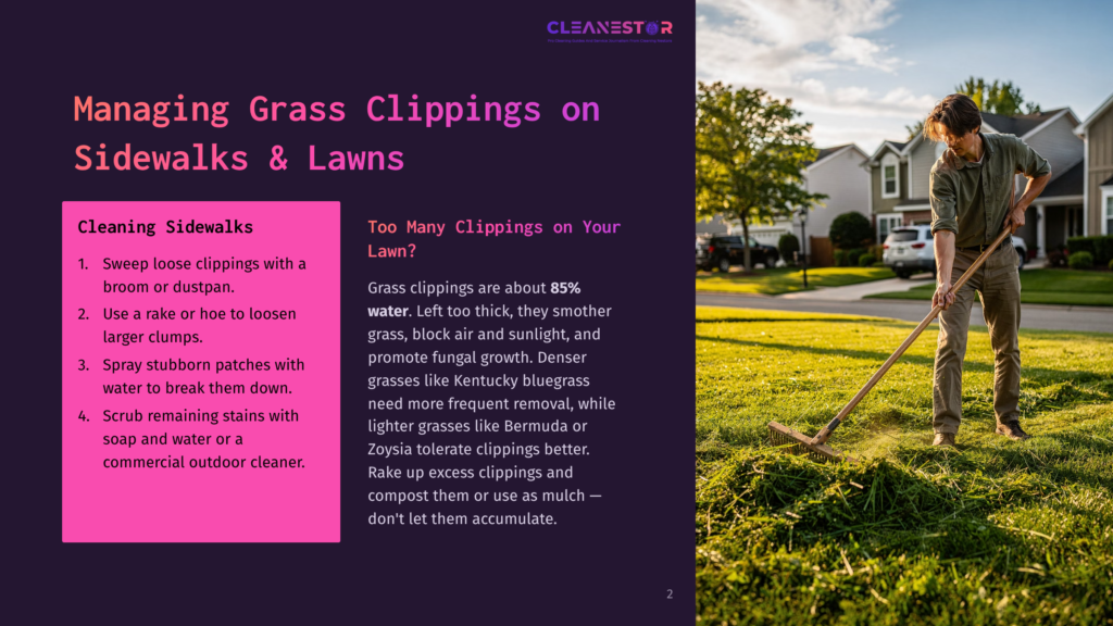 A Young Man In A Green Shirt Rakes Grass Clippings Off A Paved Sidewalk And Onto A Lush Green Lawn. The Image Is Framed By Text About Managing Grass Clippings.
