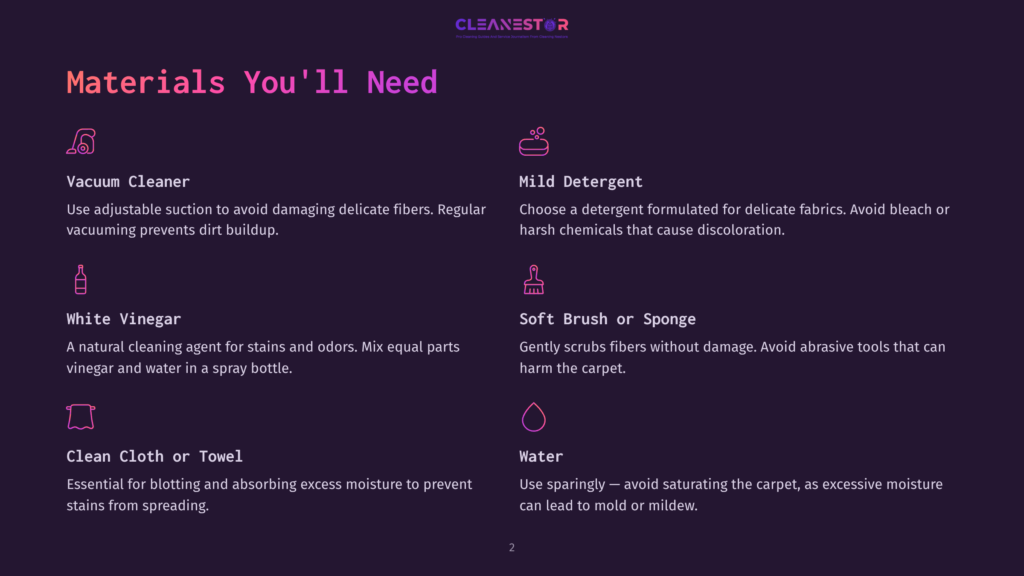 A Dark Purple Background Displays A List Of Materials Needed For Cleaning, Including A Vacuum Cleaner, Mild Detergent, White Vinegar, Soft Brush, And Water, With Icons Representing Each Item.