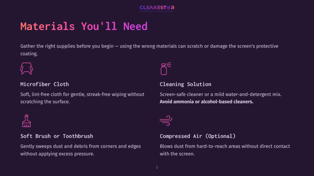 Graphic Listing Materials Needed To Clean A Screen: Microfiber Cloth, Cleaning Solution, Soft Brush Or Toothbrush, And Optional Compressed Air. Text Includes &Quot;Materials You'Ll Need,&Quot; &Quot;Microfiber Cloth,&Quot; &Quot;Cleaning Solution,&Quot; &Quot;Soft Brush Or Toothbrush,&Quot; And &Quot;Compressed Air (Optional).