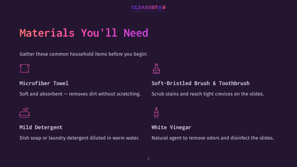 2 Materials Youll Need 9 A Dark Purple Slide Presentation Titled &Quot;Materials You'Ll Need&Quot; Lists Common Household Cleaning Items: Microfiber Towel, Soft-Bristled Brush &Amp; Toothbrush, Mild Detergent, And White Vinegar.