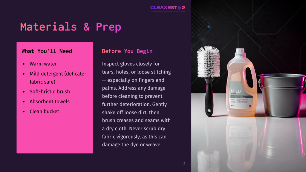 2 Materials And Prep 1 A Cleaning Kit For Delicate Fabrics Includes A Bottle Of Mild Detergent, A Soft-Bristle Brush, And A Bucket, All Set Against A Dark Background With A Subtle Geometric Pattern.