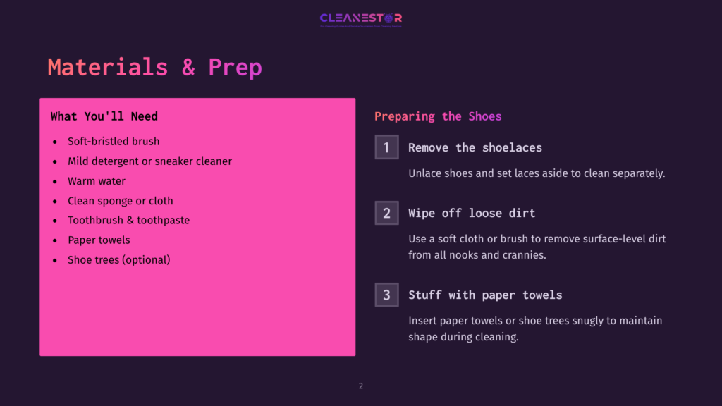 An Infographic With A Pink Background Shows Two Lists: Materials And Preparation Steps For Cleaning Shoes. The First List Includes A Soft-Bristled Brush, Mild Detergent, Warm Water, Clean Sponge, Toothbrush, Paper Towels, And Optional Shoe Trees. The Second List Provides Three Cleaning Steps: Removing Shoelaces, Wiping Off Dirt, And Stuffing With Paper Towels.