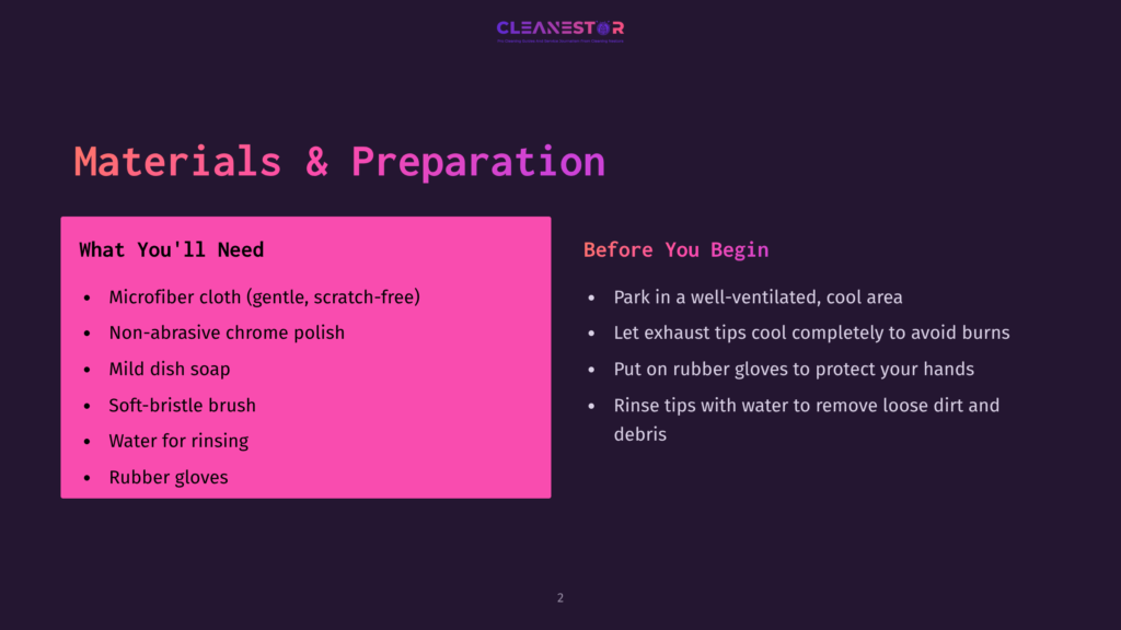 2 Materials And Preparation 1 A Pink Background Displays A Checklist Of Materials And Preparation Steps. The List Includes Microfiber Cloth, Non-Abrasive Chrome Polish, Mild Dish Soap, Soft-Bristle Brush, Water For Rinsing, And Rubber Gloves. The Text Is In White Font.