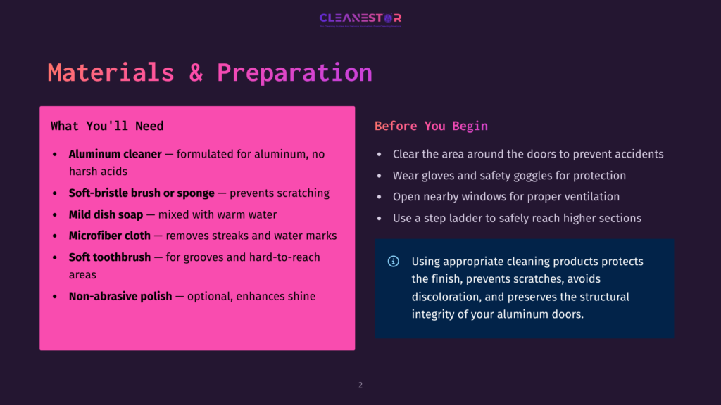 A Slide Titled &Quot;Materials &Amp; Preparation&Quot; With Two Columns: &Quot;What You'Ll Need&Quot; Lists Aluminum Cleaner, Soft-Bristle Brush Or Sponge, Mild Dish Soap, Microfiber Cloth, Soft Toothbrush, And Non-Abrasive Polish. &Quot;Before You Begin&Quot; Outlines Clearing The Area, Wearing Gloves And Goggles, Opening Windows, And Using Appropriate Cleaning Products.