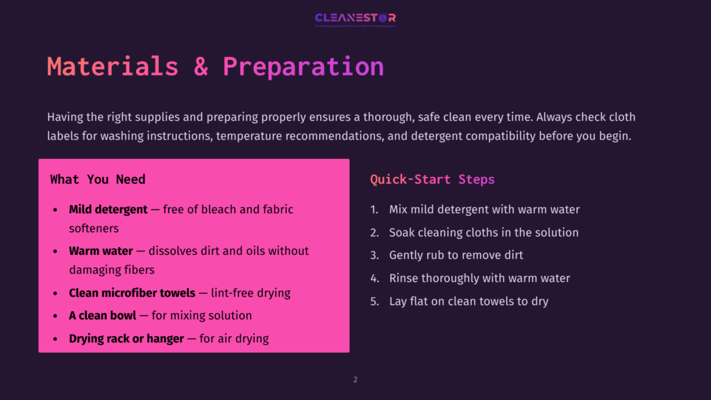 2 Materials And Preparation 3 Purple Slide With Text &Quot;Materials &Amp; Preparation&Quot; And &Quot;What You Need&Quot; List Including Mild Detergent, Warm Water, Microfiber Towels, Clean Bowl, And Drying Rack Or Hanger. Quick-Start Steps Are Also Listed.