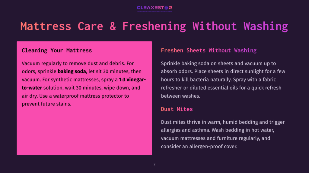 A Pink Graphic With Text About Cleaning Mattresses. It Includes Headings Like &Quot;Cleaning Your Mattress&Quot; And &Quot;Freshen Sheets Without Washing,&Quot; With Bullet Points Detailing Steps Like Vacuuming, Using Baking Soda, And A Vinegar-To-Water Solution.
