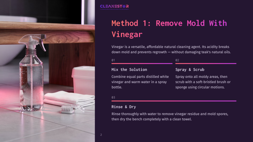 A Clear Spray Bottle Filled With White Vinegar Sits On A Tiled Floor Next To A White Folded Towel And A Small Brush. The Image Shows A Cleaning Solution For Removing Mold And Mildew.