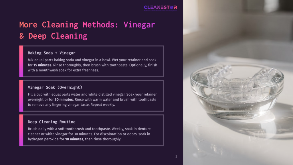 Clear Retainers Soaking In A Clear Bowl Of Water, With Text Overlay Detailing Cleaning Methods Like Baking Soda And Vinegar Soaks.