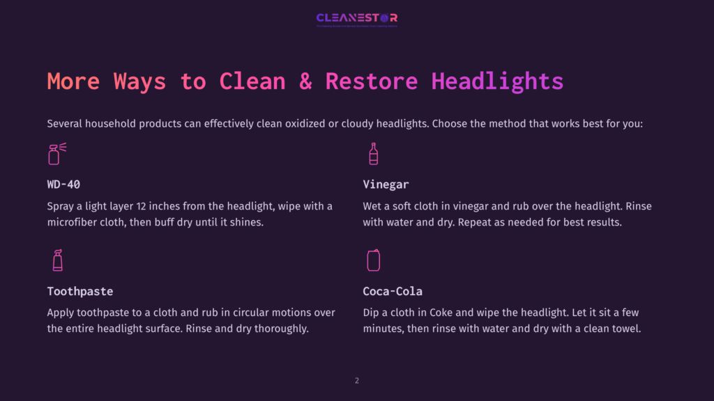 2 More Ways To Clean And Restore Headlights Infographic Titled &Quot;More Ways To Clean &Amp; Restore Headlights&Quot; Showing Household Cleaning Methods Like Wd-40, Vinegar, Toothpaste, And Coca-Cola With Icons And Instructions.