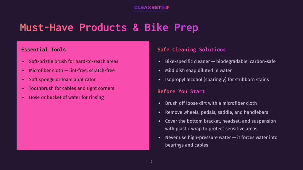 Cleanestor Logo At The Top Of A Dark Purple Slide With A Pink Rectangle Containing A List Of &Quot;Must-Have Products &Amp; Bike Prep&Quot; Essential Tools And Safe Cleaning Solutions.