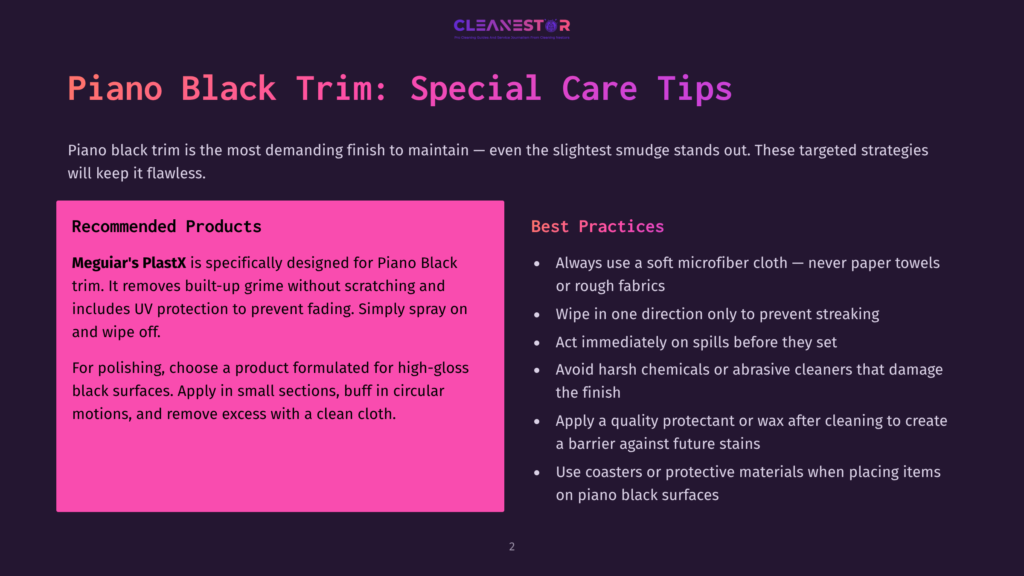 2 Piano Black Trim Special Care Tips Presentation Slide With The Title &Quot;Piano Black Trim: Special Care Tips&Quot; And Recommended Products And Best Practices For Cleaning And Maintaining Piano Black Surfaces.