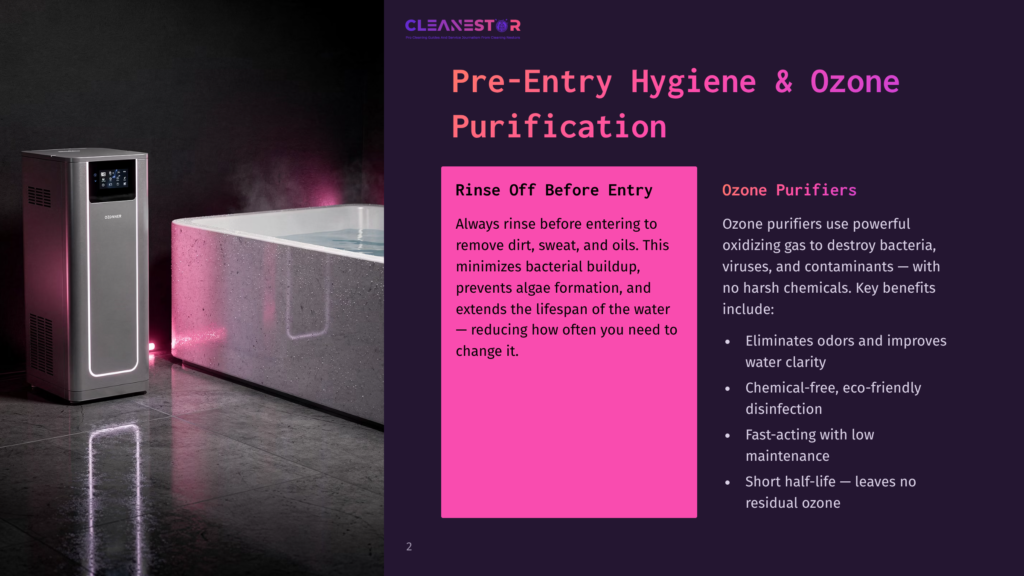 2 Pre Entry Hygiene And Ozone Purification Cleanestor Branding On A White And Silver Ozone Purifier Unit Next To A Modern, White Soaking Tub Filled With Water In A Dimly Lit Room.