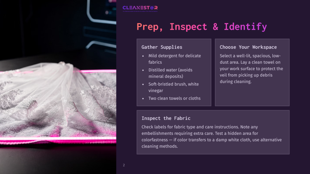 2 Prep Inspect And Identify Close-Up Of A Delicate, White Lace Fabric With Intricate Embroidery, Partially Covered By A Soft White Towel. The Fabric Is Illuminated By A Vibrant Pink Light, Suggesting A Cleaning Or Preparation Process.