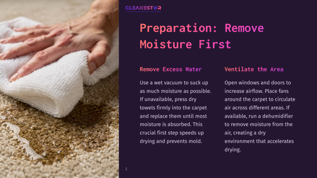 Close-Up Of A Hand In A White Towel Absorbing A Wet Carpet Stain. Text Overlay Reads &Quot;Preparation: Remove Moisture First&Quot; And &Quot;Remove Excess Water&Quot; And &Quot;Ventilate The Area&Quot;.