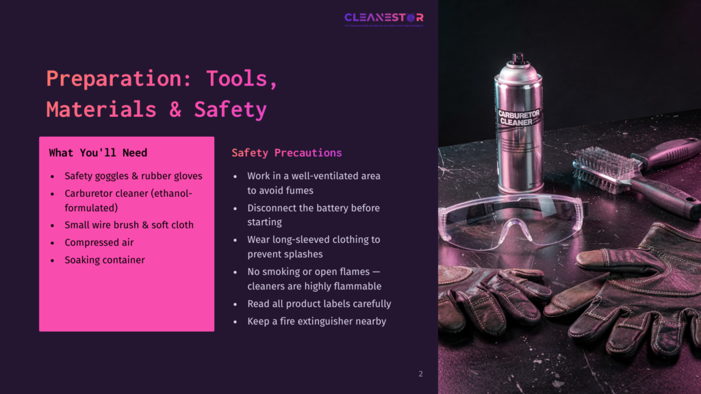 2 Preparation Tools Materials And Safety A Graphic Showing Safety Precautions And Tools For Carburetor Cleaning Includes Goggles, Gloves, And A Can Of Carburetor Cleaner, Along With Safety Tips On A Black Background.