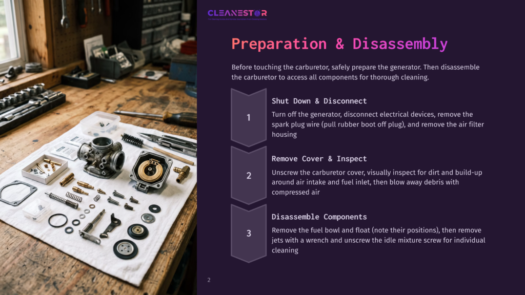2 Preparation And Disassembly 1 Close-Up Of A Disassembled Generator Carburetor On A Workbench, With Various Small Parts And Tools Scattered Around. Text Overlay Reads: &Quot;Cleanestor Preparation &Amp; Disassembly&Quot;.
