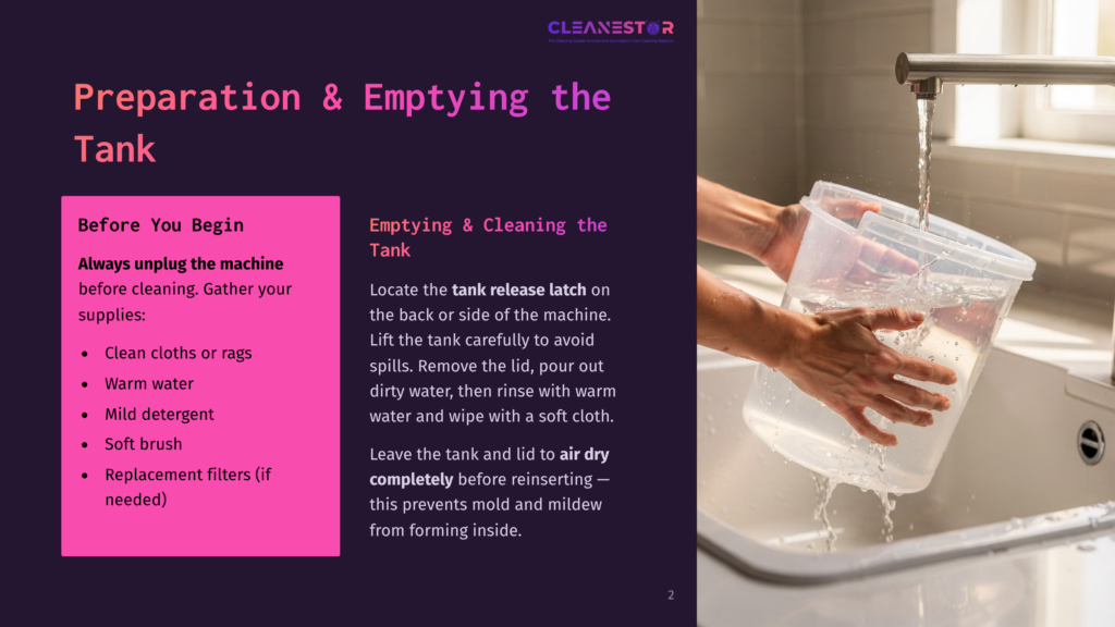 Hands Pour Water From A Clear Plastic Tank Into A Sink, With Text Overlaying The Left Side Of The Image Detailing &Quot;Preparation &Amp; Emptying The Tank&Quot; For A Cleaning Machine.