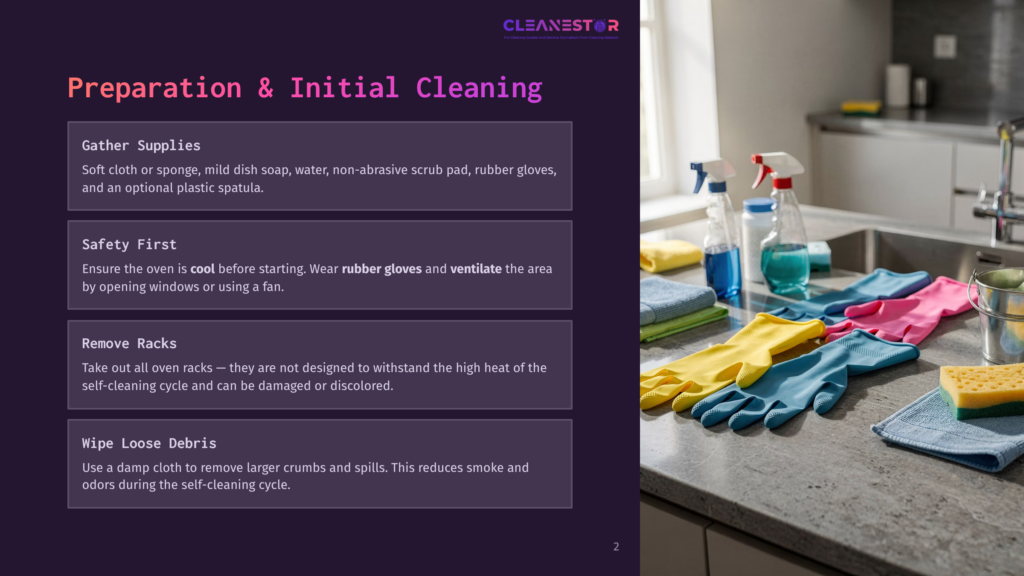 Cleanestor Logo At The Top, With A Dark Purple Background And White Text. Below The Logo, The Text &Quot;Preparation &Amp; Initial Cleaning&Quot; Is Displayed In Large White Font. The Left Side Of The Image Contains A Dark Purple Sidebar With White Text Detailing Steps For Oven Cleaning: &Quot;Gather Supplies,&Quot; &Quot;Safety First,&Quot; &Quot;Remove Racks,&Quot; And &Quot;Wipe Loose Debris.&Quot; The Right Side Of The Image Features A Bright, Well-Lit Kitchen Sink Area With Various Cleaning Supplies, Including Colorful Rubber Gloves (Yellow, Pink, Blue), Sponges, Spray Bottles, And A Metal Bucket.