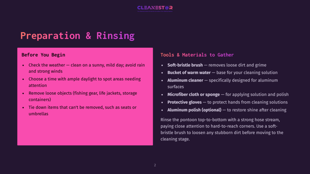 Preparation And Rinsing: A Slide Detailing Tools And Materials For Cleaning, Including A Soft-Bristle Brush, Warm Water, Aluminum Cleaner, Microfiber Cloth, Protective Gloves, And Aluminum Polish.