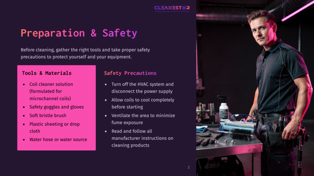 2 Preparation And Safety A Man In A Black Polo Shirt And Tool Belt Stands In A Workshop, Looking At The Camera. A Table With Cleaning Supplies, Including Spray Bottles And Brushes, Is In The Foreground. The Text &Quot;Cleanestor&Quot; Is Visible At The Top.