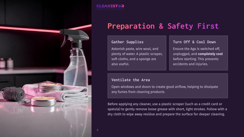 2 Preparation And Safety First A Cleaning Spray Bottle Sits Next To A Stack Of Neatly Folded White Towels And Two Small Metal Tins On A Dark, Reflective Surface, With A Blurred Background Of Kitchen Shelves.