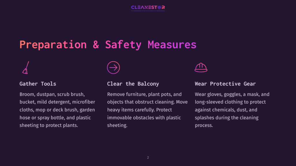An Infographic Titled &Quot;Preparation &Amp; Safety Measures&Quot; Lists Three Safety Steps. First, &Quot;Gather Tools&Quot; Includes A Broom, Dustpan, Scrub Brush, Bucket, Mild Detergent, Microfiber Cloths, Mop Or Deck Brush, Garden Hose, Spray Bottle, And Plastic Sheeting. Second, &Quot;Clear The Balcony&Quot; Instructs To Remove Furniture, Plant Pots, And Objects That Obstruct Cleaning, Moving Heavy Items Carefully And Protecting Immovable Obstacles With Plastic Sheeting. Third, &Quot;Wear Protective Gear&Quot; Advises Wearing Gloves, Goggles, A Mask, And Long-Sleeved Clothing To Protect Against Chemicals, Dust, And Splashes.