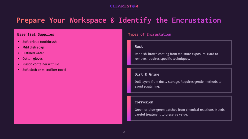 A Workspace Preparation Guide Shows Essential Supplies Like A Soft-Bristle Toothbrush And Distilled Water, Alongside An Infographic On Types Of Encrustation Such As Rust, Dirt, And Corrosion.