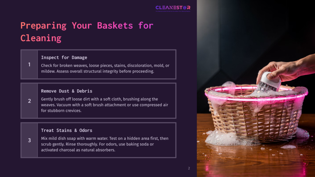 Hand Holding A Brush Cleaning A Brown Wicker Basket Filled With Water And Bubbles On A Wooden Table.