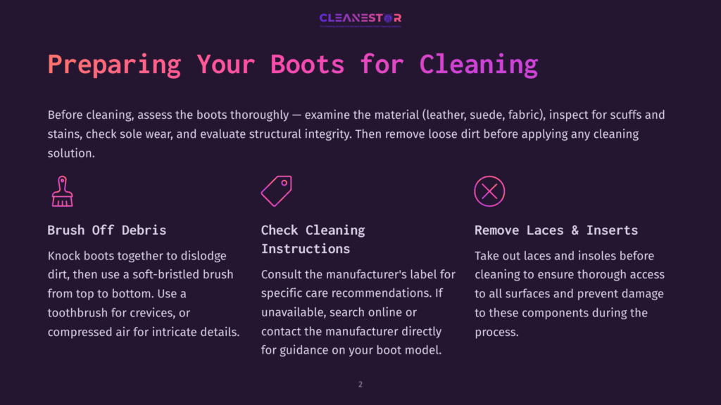 An Infographic Titled &Quot;Preparing Your Boots For Cleaning&Quot; Displays Three Icons With Instructions. The First Icon Depicts A Brush For Brushing Off Debris. The Second Icon Shows A Label With The Text &Quot;Check Cleaning Instructions.&Quot; The Third Icon Represents The Removal Of Laces And Inserts.