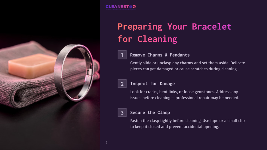 2 Preparing Your Bracelet For Cleaning A Silver Bracelet Sits On A Dark Surface Next To A Folded Grey Cloth And A Small Bar Of Soap. Text On The Right Reads: &Quot;Cleanestor,&Quot; &Quot;Preparing Your Bracelet For Cleaning,&Quot; And Numbered Steps For Cleaning.
