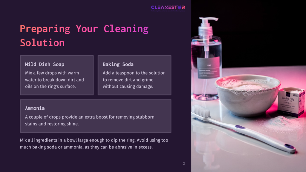 A White Toothbrush Is Laid Out Next To A Bowl Of Foamy Water And A Box Of Baking Soda, With A Bottle Of Cleaning Solution In The Background, Illustrating How To Prepare A Cleaning Solution.