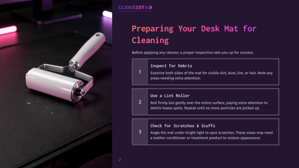 A White Lint Roller With A Silver Handle Is Shown On A Dark Textured Desk Mat, With Small White Specks Of Debris Visible On The Mat. Text On The Right Reads &Quot;Preparing Your Desk Mat For Cleaning.