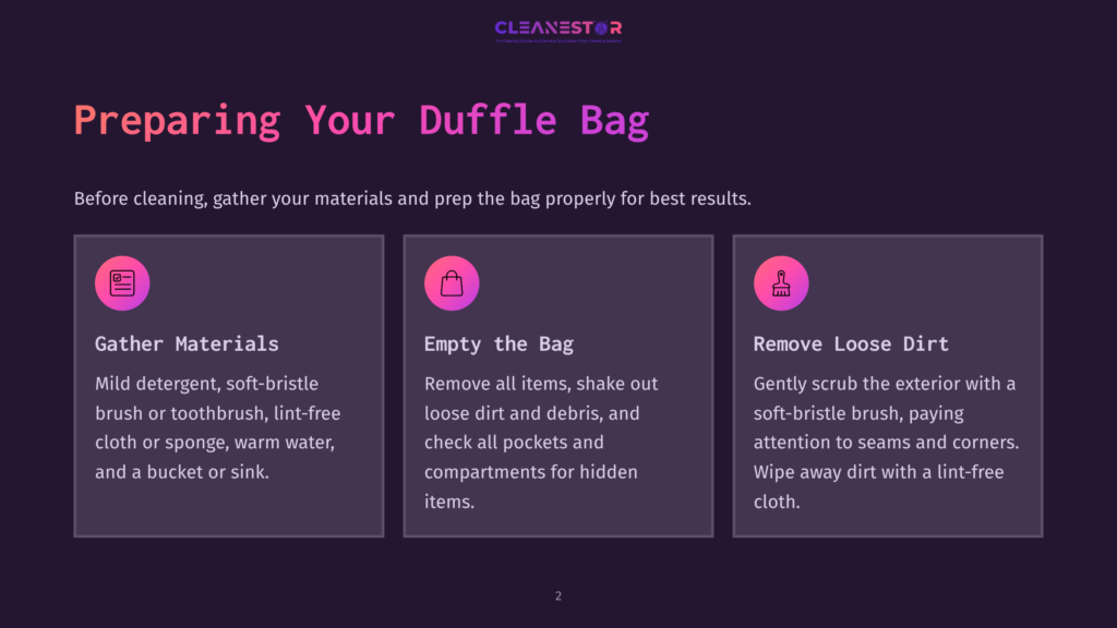 2 Preparing Your Duffle Bag Infographic Titled &Quot;Preparing Your Duffle Bag&Quot; With Three Steps: Gather Materials, Empty The Bag, And Remove Loose Dirt, With Icons And Brief Descriptions.