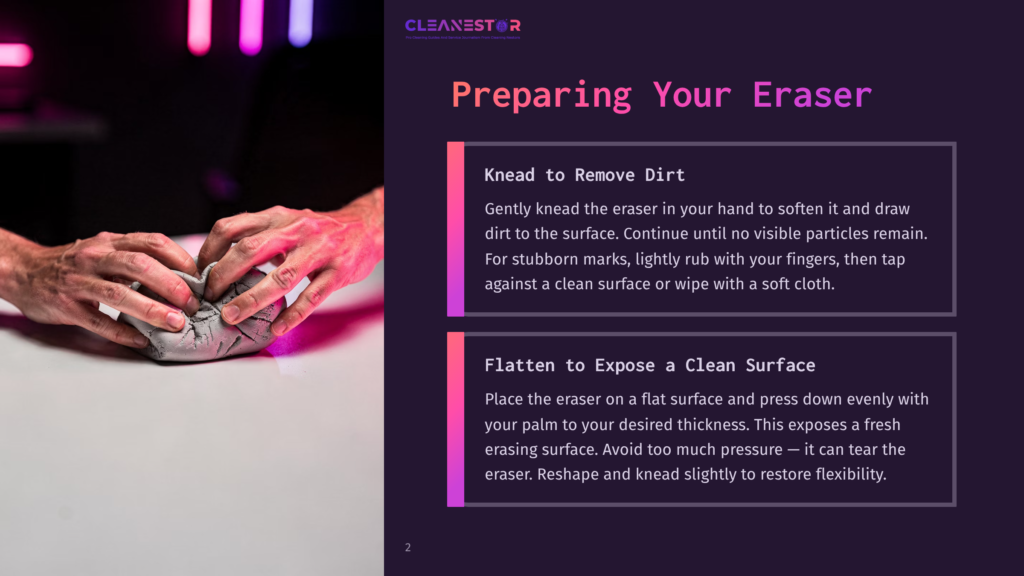 Hands Kneading A Large, Textured Eraser To Soften It And Remove Dirt, Preparing It For Clean Surface Erasing. Text Overlay: &Quot;Knead To Remove Dirt&Quot;.