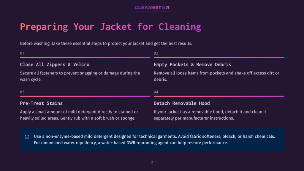 Infographic On Preparing A Jacket For Cleaning, Showing Steps Like Closing Zippers And Removing Debris, With A Highlighted Tip On Using Non-Enzyme-Based Mild Detergent.