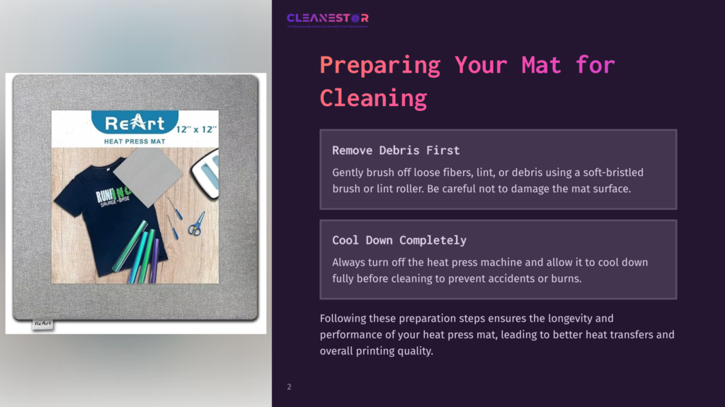 2 Preparing Your Mat For Cleaning A Silver Heat Press Mat With The Reart Logo, 12&Quot; X 12&Quot;, Sits Next To A T-Shirt With &Quot;Running Is My Therapy&Quot; Printed On It, Along With Scissors And Markers. The Image Is Part Of A Guide On Preparing Your Mat For Cleaning.