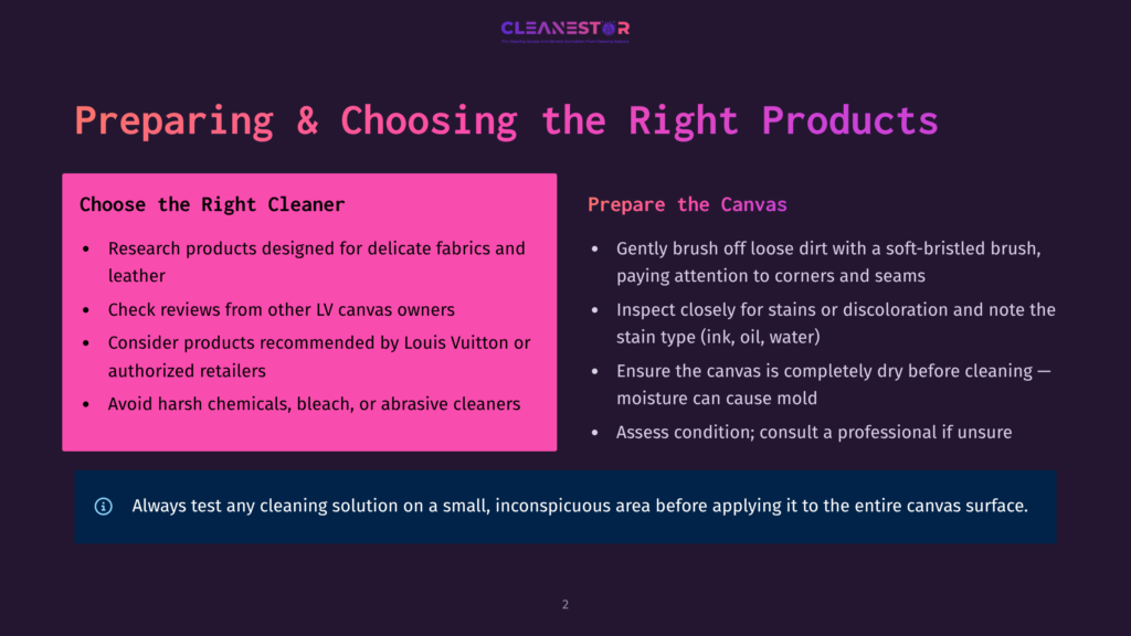 2 Preparing And Choosing The Right Products Dark Purple Background Slide With Text About Preparing And Choosing The Right Canvas Cleaner. The Left Side Has A Pink Box Listing Steps For Choosing A Cleaner, And The Right Side Lists Steps For Preparing The Canvas. A White Alert Icon And Text Are At The Bottom.
