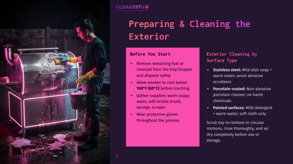 2 Preparing And Cleaning The Exterior 1 Man In Yellow Gloves Cleaning A Stainless Steel Grill With Pink Led Lights At Night. The Grill Is Covered In Soap Suds, With A Bucket Of Water Nearby.
