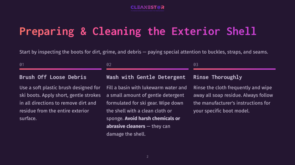 Infographic Titled &Quot;Preparing &Amp; Cleaning The Exterior Shell&Quot; With Three Steps: 1. Brush Off Loose Debris, 2. Wash With Gentle Detergent, 3. Rinse Thoroughly, Detailing How To Clean Ski Boots.