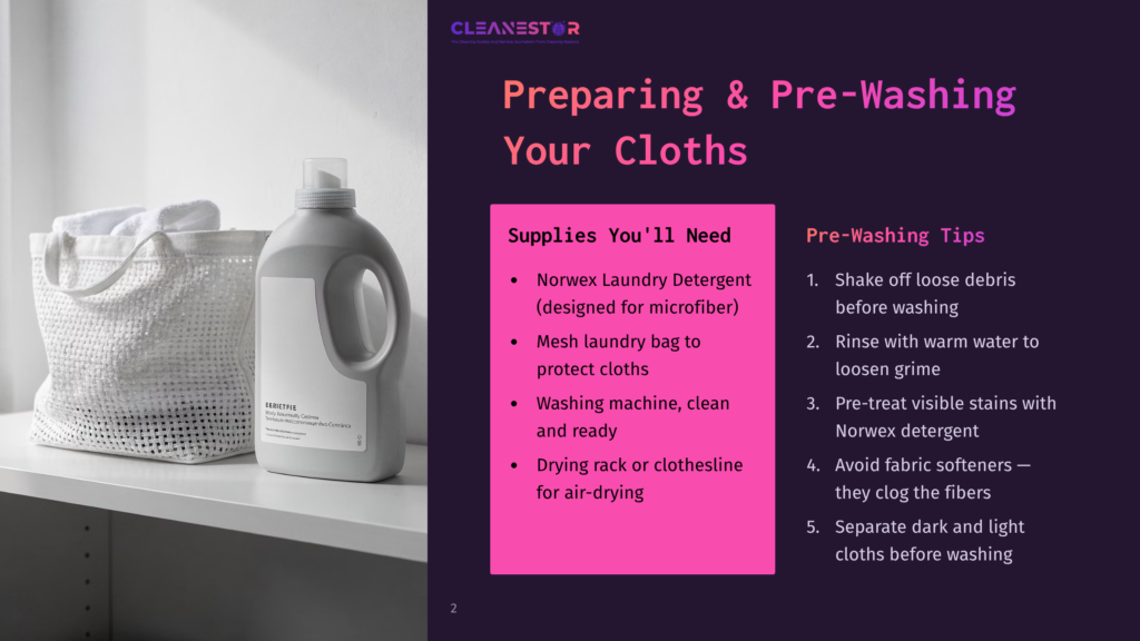 Cleanestor Preparing &Amp; Pre-Washing Your Cloths Infographic With Laundry Detergent, Mesh Bag, Washing Machine, Drying Rack, And Pre-Washing Tips.