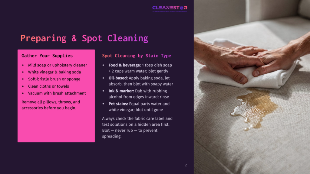 Close-Up Of A Hand Gently Blotting A Liquid Stain On A Light Beige Upholstered Couch With A White Cloth, Illustrating Spot Cleaning.