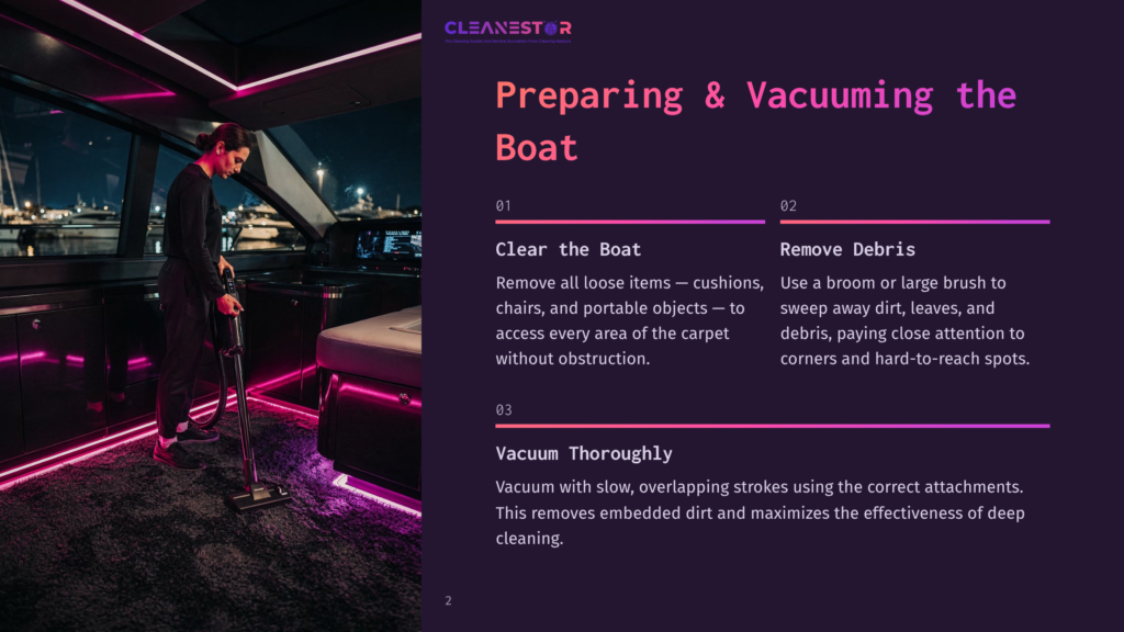 A Person Vacuums A Plush, Dark Carpet On A Luxury Yacht At Night, Illuminated By Pink Led Lighting. The Image Features The Text &Quot;Cleanestor&Quot; And &Quot;Preparing &Amp; Vacuuming The Boat&Quot;.