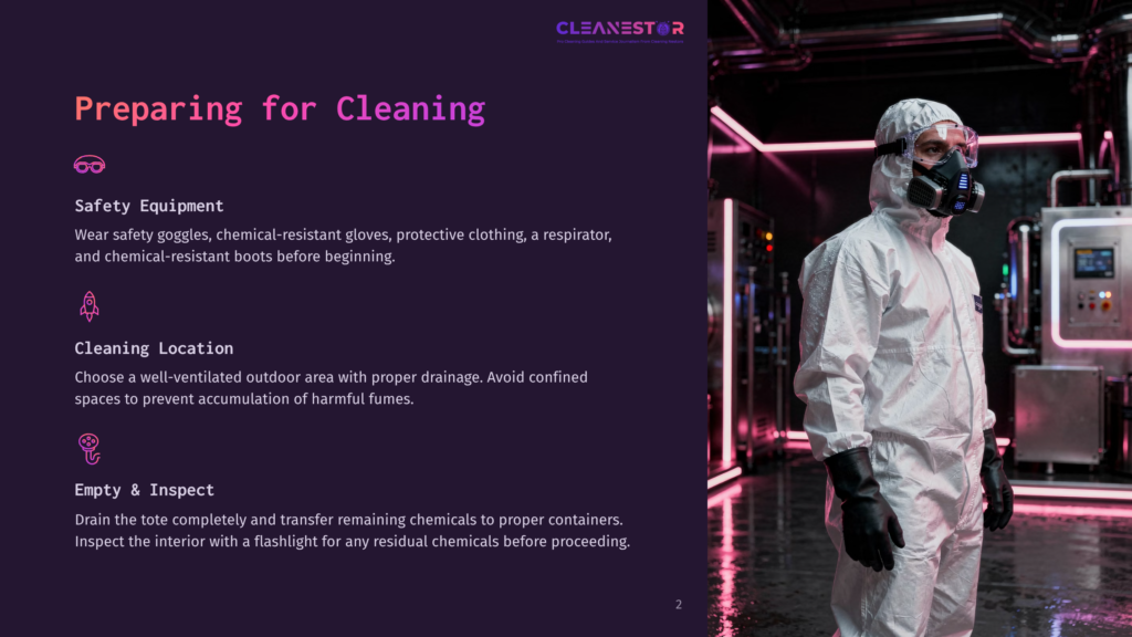 2 Preparing For Cleaning 1 A Person In A Full White Hazmat Suit, Goggles, And Respirator Prepares For Cleaning, With Industrial Equipment In The Background.